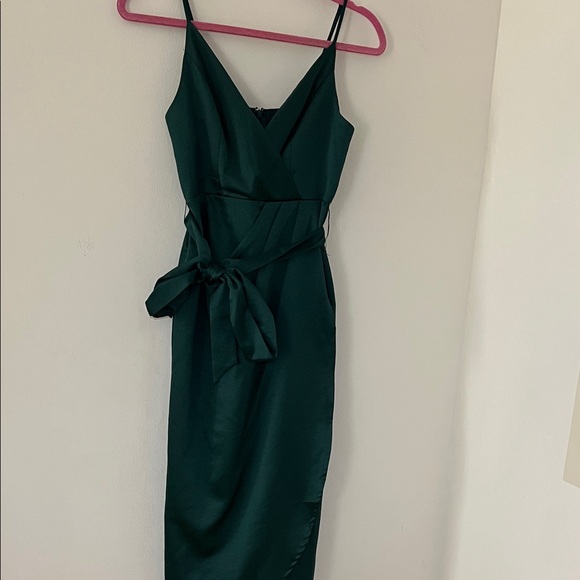 Lulu's Forest Green Satin Wrap Midi Dress - Picture 2 of 9